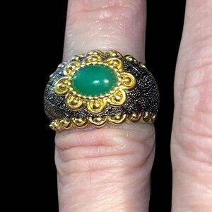 Vintage Ross Simons Green Jade Gold Vermeil over Oxidized
925 Silver Ring SIZE 6